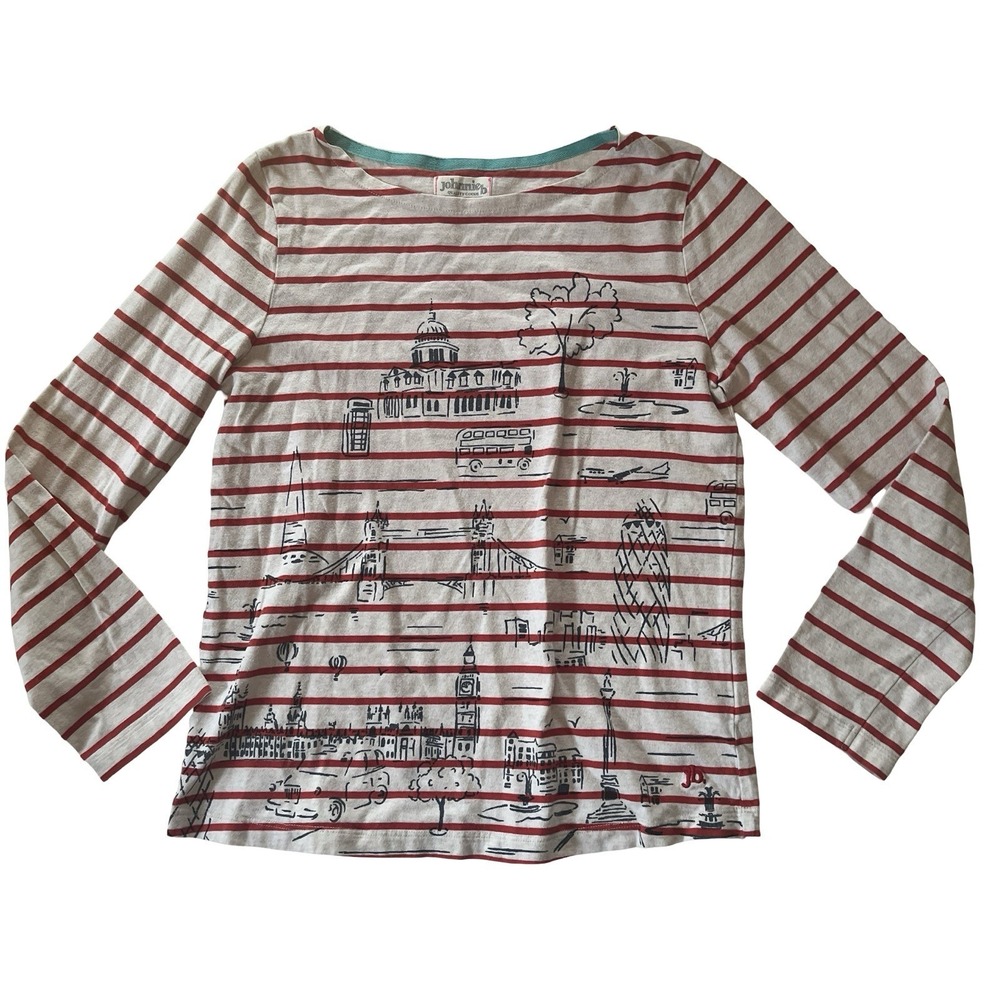 Johnnie B Boden 11-12Y Girls Red Beige Stripe‎ Sketch Travel Graphic 3/4 Sleeve